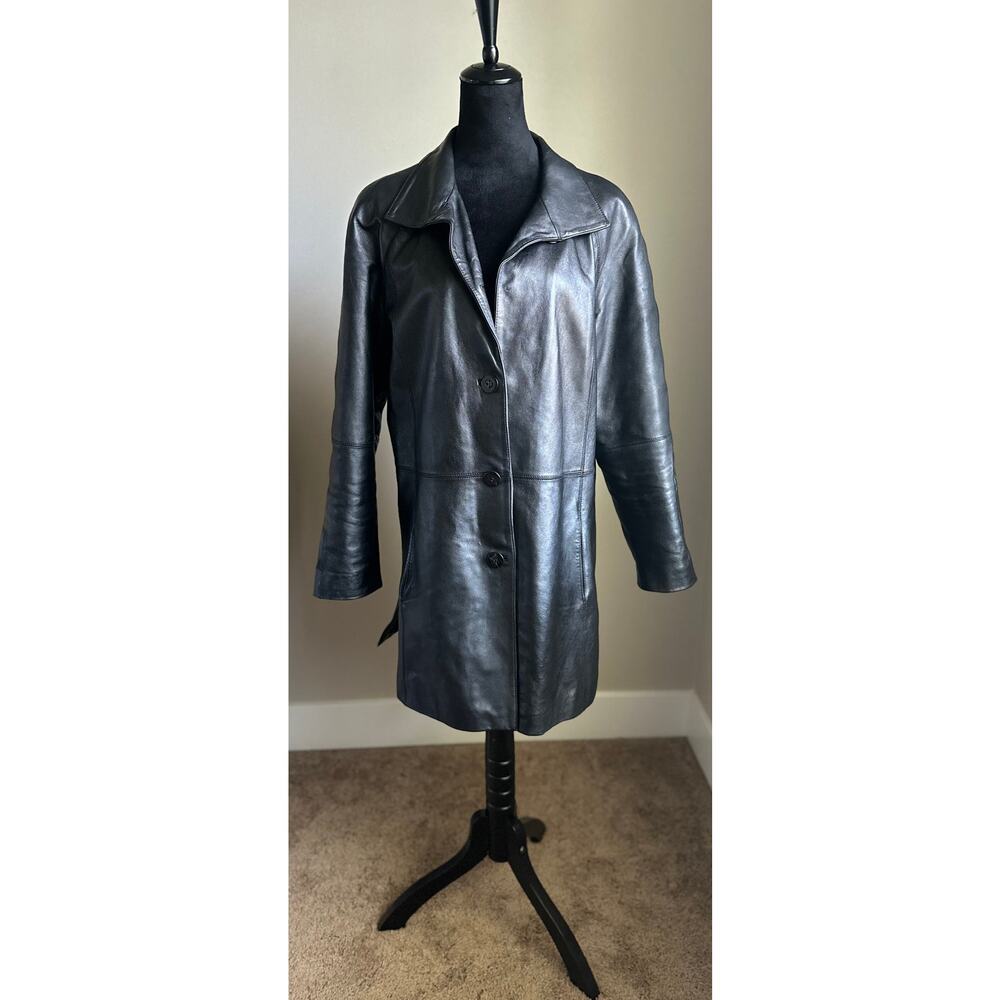 Worthington Genuine Lambskin Black Leather Mid Length Button Front Jacket Size L